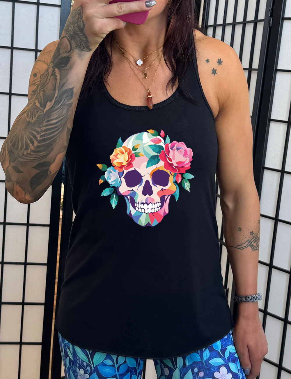 Floral Colorblock Skull Shirt