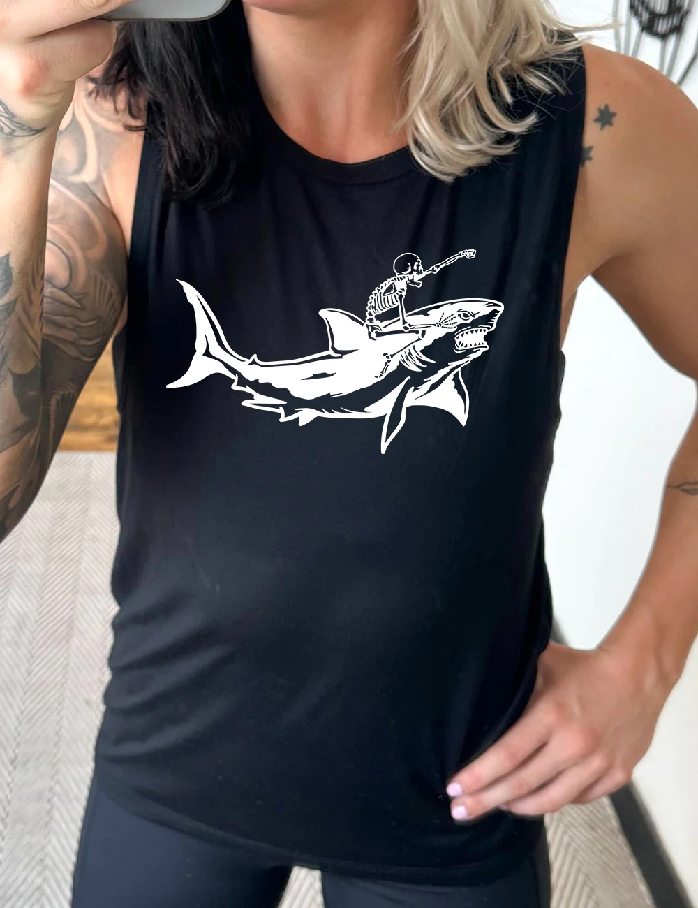 Skeleton Riding A Shark Muscle Tank