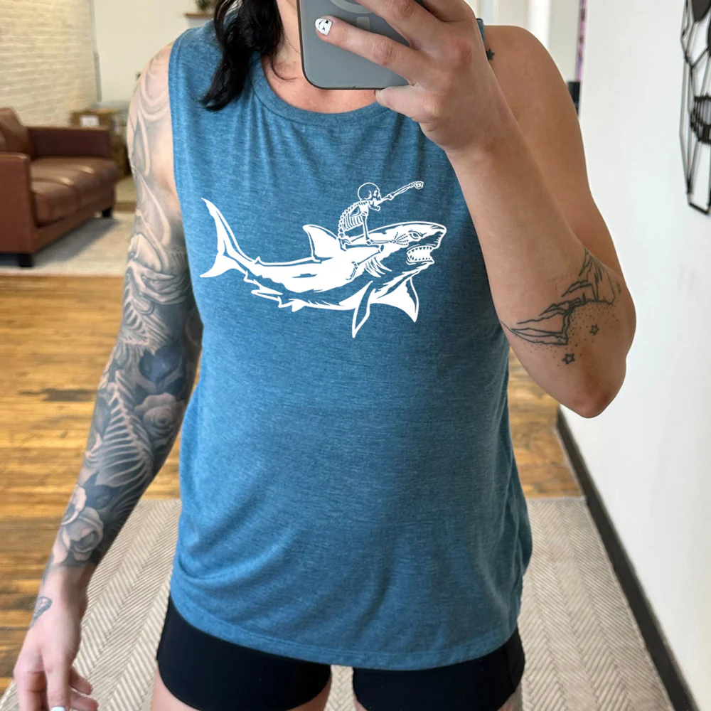 Skeleton Riding A Shark Muscle Tank - Image 2